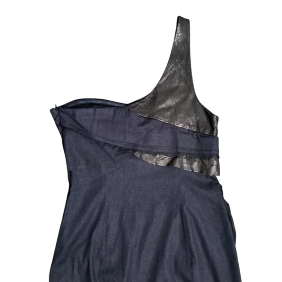 Alice + Olivia Black One Shoulder Cotton Silk Leather Dress Womens Size M - Picture 6 of 12